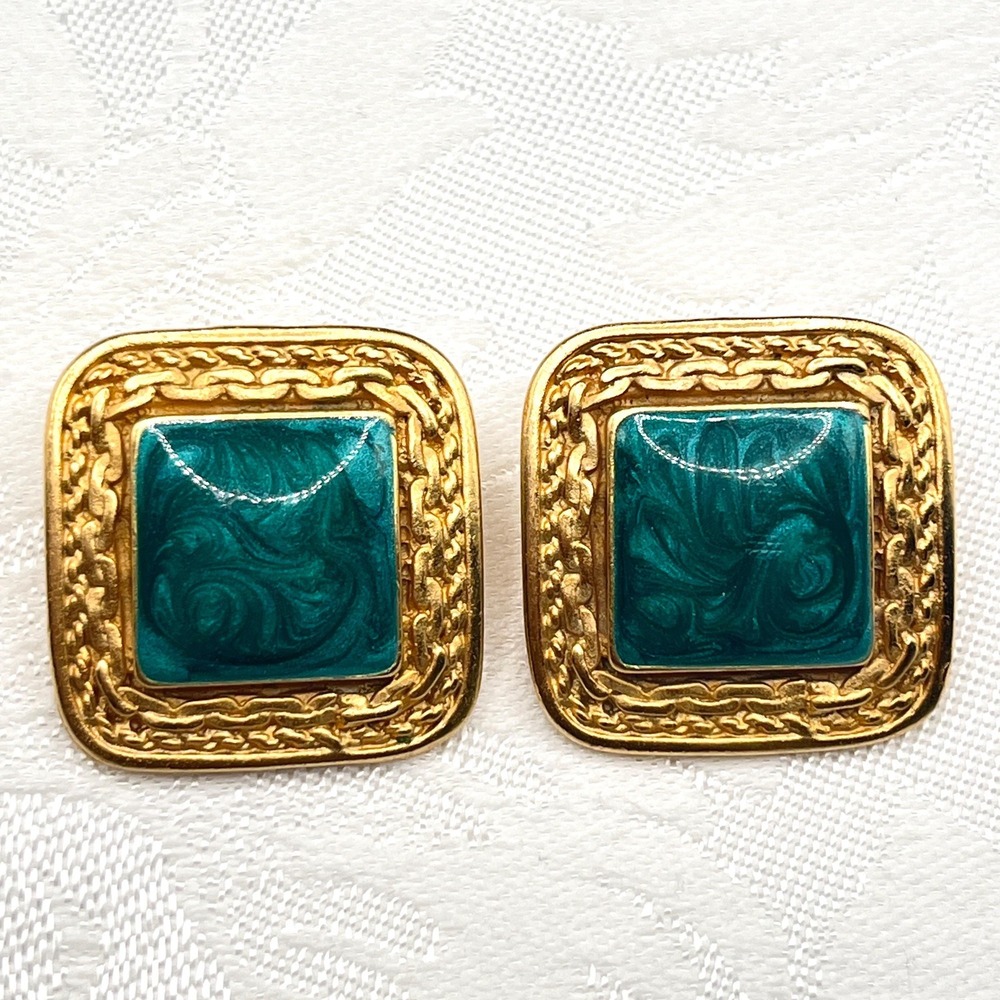 Vintage 80s Teal Marbled Enamel and Gold Tone Ornate‎ Square Pierced Earrings